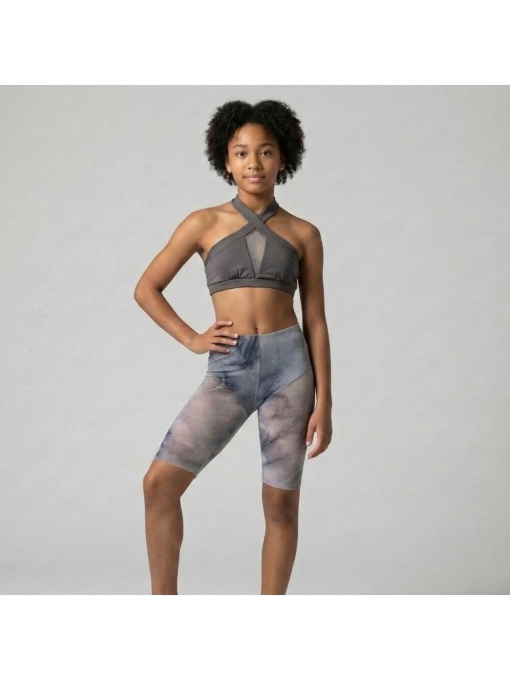 Girl's Custom Dance Costume Top & Sheer Bike Shorts in Gray Stone and size 12-14
